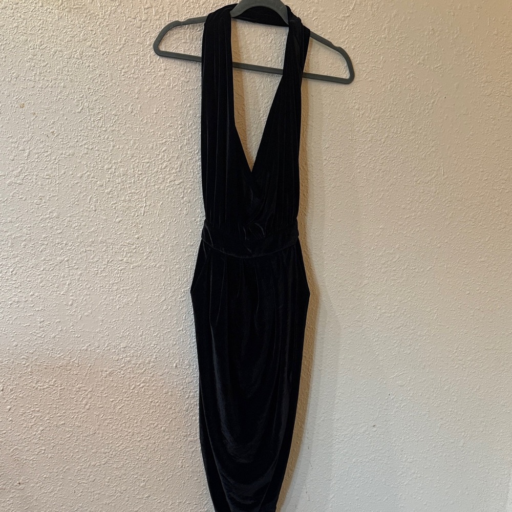 Black Velvet Backless Deep V Midi Dress